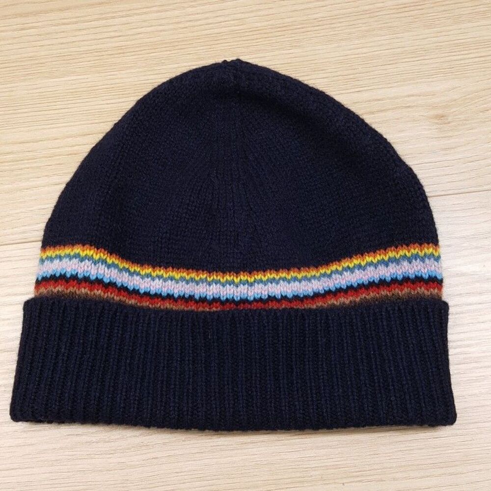 PAUL SMITH Mens Beanie Hat Navy Blue Stripe 100% Wool Lambswool Knit Ribbed $155